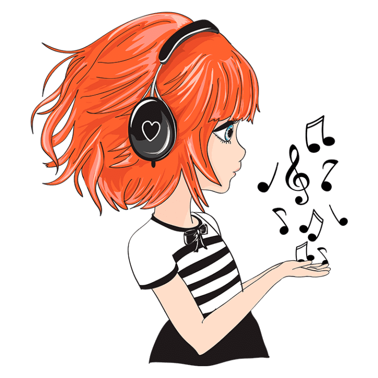 Ilustração de uma menina com cabelos laranja e fones de ouvido, segurando notas musicais em sua mão. Ela usa uma camiseta listrada em preto e branco, com um fundo verde.