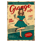 Mulher em vestido de bolinhas segurando um coquetel, promovendo o Grange Café em Brooklyn, Nova York. O cartaz destaca música ao vivo e coquetéis grátis para mulheres, com a garantia de satisfação.