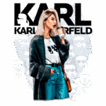 Ilustração de uma mulher estilosa segurando um copo de café, usando um suéter largo e jeans. O fundo apresenta menções ao ícone da moda Karl Lagerfeld, com personagens estilizados vestindo óculos escuros.