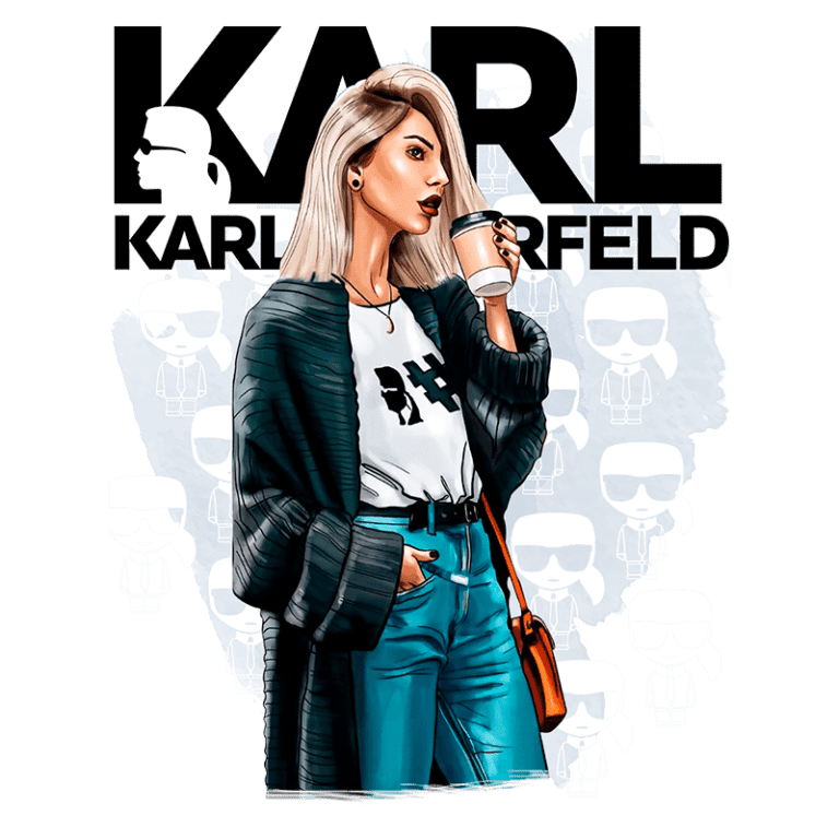 Ilustração de uma mulher estilosa segurando um copo de café, usando um suéter largo e jeans. O fundo apresenta menções ao ícone da moda Karl Lagerfeld, com personagens estilizados vestindo óculos escuros.