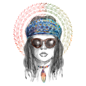 Ilustração de uma mulher com óculos escuros, cabelo longo e cacheado, usando um lenço colorido na cabeça e um colar com penas e pedras. O fundo apresenta cores suaves em tons de rosa e verde, refletindo um estilo boêmio ou hippie.
