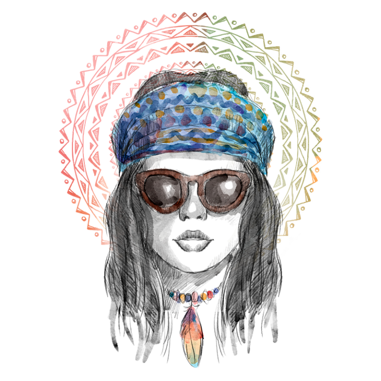 Ilustração de uma mulher com óculos escuros, cabelo longo e cacheado, usando um lenço colorido na cabeça e um colar com penas e pedras. O fundo apresenta cores suaves em tons de rosa e verde, refletindo um estilo boêmio ou hippie.