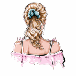 Ilustração de uma mulher de costas, com cabelo loiro ondulado preso por um coque azul. Ela usa uma blusa rosa com mangas bufantes. A imagem destaca o estilo e a sofisticação da moda feminina contemporânea.