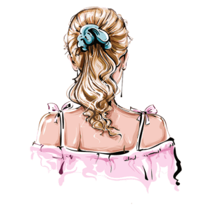 Ilustração de uma mulher de costas, com cabelo loiro ondulado preso por um coque azul. Ela usa uma blusa rosa com mangas bufantes. A imagem destaca o estilo e a sofisticação da moda feminina contemporânea.