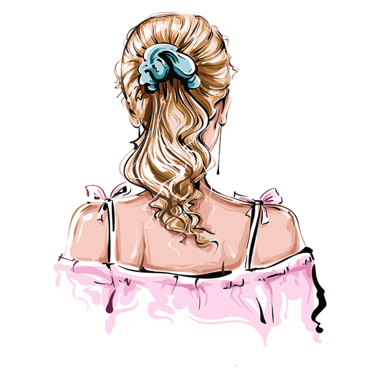 Ilustração de uma mulher de costas, com cabelo loiro ondulado preso por um coque azul. Ela usa uma blusa rosa com mangas bufantes. A imagem destaca o estilo e a sofisticação da moda feminina contemporânea.