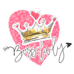 Imagem colorida com um coração rosa brilhante e uma coroa desenhada, acompanhada da frase "Boss Lady" em estilo moderno, simbolizando empoderamento feminino e liderança.