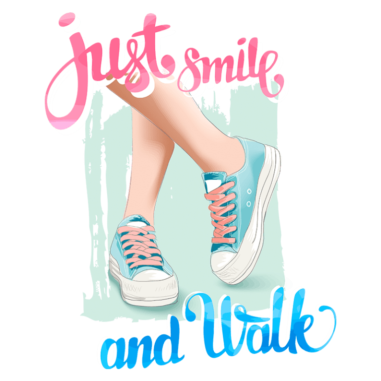 Imagem de um par de pernas usando tênis azul com cadarços rosa, acompanhada por uma mensagem inspiradora em letras estilizadas: "just smile and walk". Ideal para transmitir positividade e estilo.