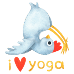 Ilustração de uma galinha em uma pose de yoga, com as palavras "I ❤️ yoga" embaixo, transmitindo uma mensagem divertida sobre a prática de yoga.