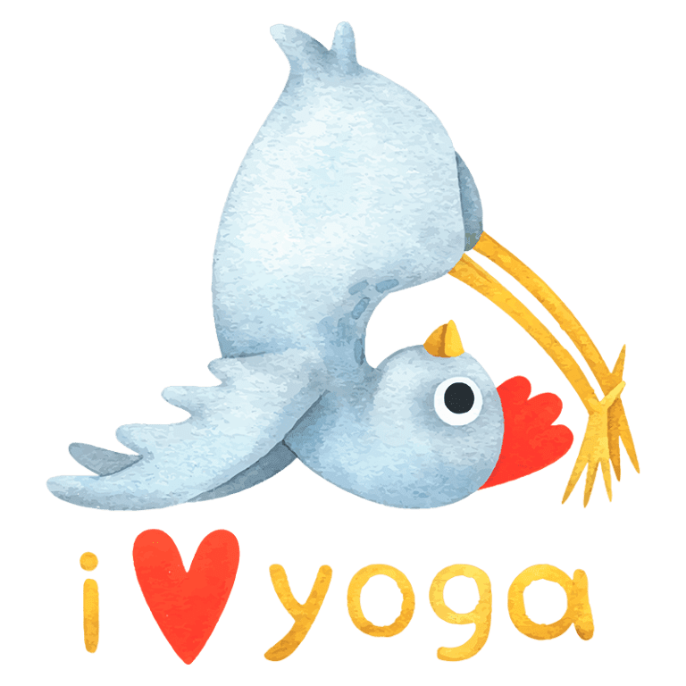 Ilustração de uma galinha em uma pose de yoga, com as palavras "I ❤️ yoga" embaixo, transmitindo uma mensagem divertida sobre a prática de yoga.