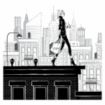Ilustração de uma mulher estilosa caminhando sobre o telhado de um prédio em uma cidade moderna, segurando uma sacola de compras com a palavra "Style". Ao fundo, uma skyline com arranha-céus e arquitetura urbana.