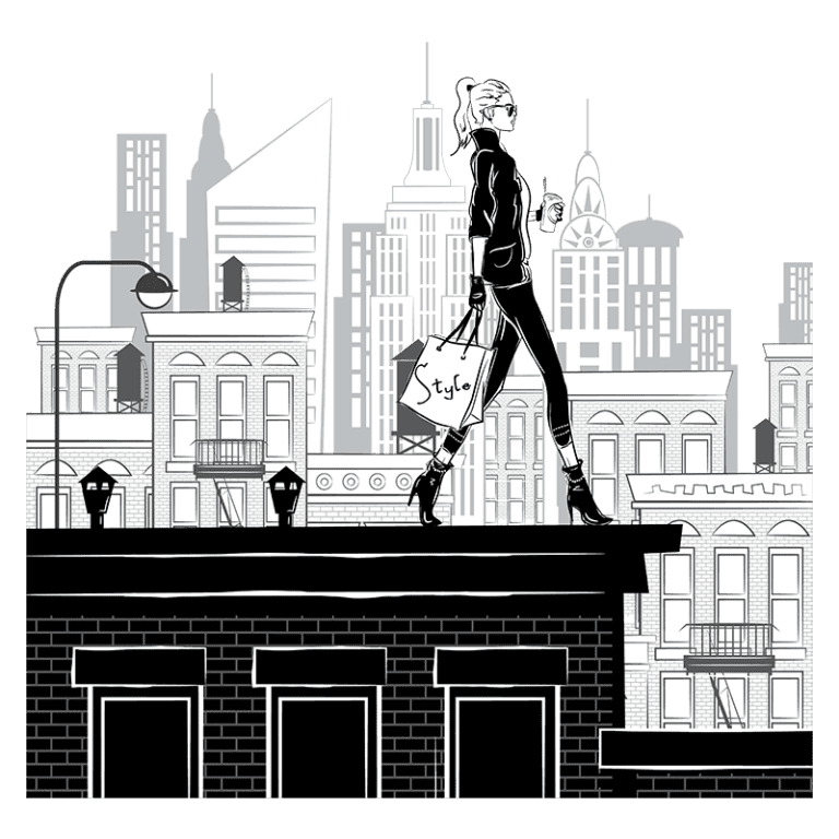 Ilustração de uma mulher estilosa caminhando sobre o telhado de um prédio em uma cidade moderna, segurando uma sacola de compras com a palavra "Style". Ao fundo, uma skyline com arranha-céus e arquitetura urbana.