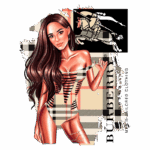 Ilustração de uma mulher fashionable vestindo um maiô estiloso, com cabelo longo e ondulado. O fundo apresenta o padrão clássico da Burberry, destacando o logotipo da marca e elementos de design moderno.