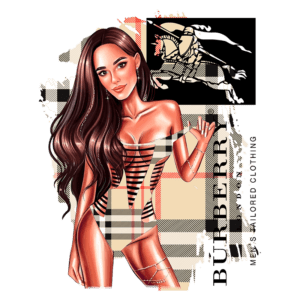 Ilustração de uma mulher fashionable vestindo um maiô estiloso, com cabelo longo e ondulado. O fundo apresenta o padrão clássico da Burberry, destacando o logotipo da marca e elementos de design moderno.