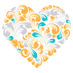 Design ornamental em forma de coração, com um padrão vibrante de folhas e flores nas cores amarelo, azul e cinza. Ideal para temas de amor e decoração.