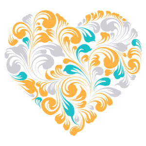 Design ornamental em forma de coração, com um padrão vibrante de folhas e flores nas cores amarelo, azul e cinza. Ideal para temas de amor e decoração.