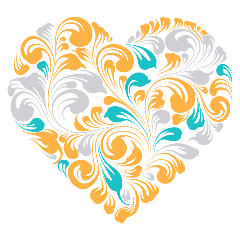 Design ornamental em forma de coração, com um padrão vibrante de folhas e flores nas cores amarelo, azul e cinza. Ideal para temas de amor e decoração.