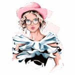 Ilustração de modelo feminina usando um chapéu rosa e uma blusa com detalhes em camadas preta e branca, com cabelo cacheado e óculos.