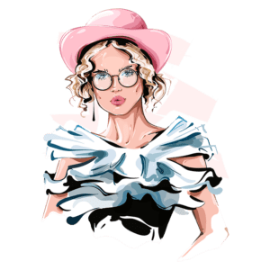 Ilustração de modelo feminina usando um chapéu rosa e uma blusa com detalhes em camadas preta e branca, com cabelo cacheado e óculos.
