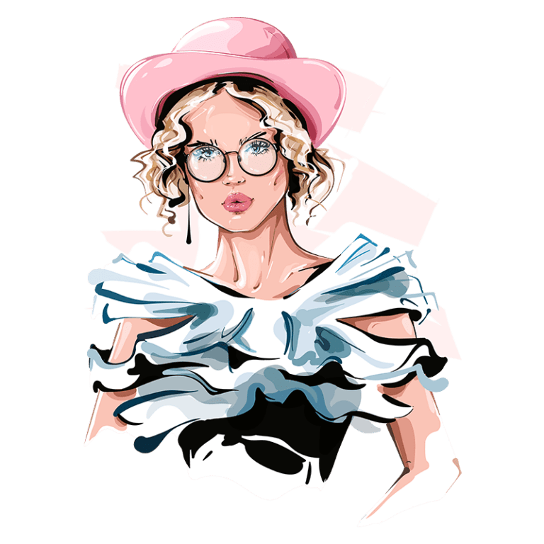 Ilustração de modelo feminina usando um chapéu rosa e uma blusa com detalhes em camadas preta e branca, com cabelo cacheado e óculos.