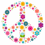 Símbolo da paz decorado com flores coloridas, representando harmonia e diversidade. Ideal para temas de ecologia, amor e serenidade.