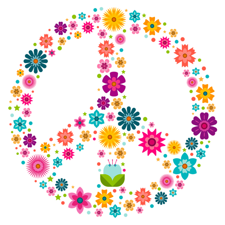 Símbolo da paz decorado com flores coloridas, representando harmonia e diversidade. Ideal para temas de ecologia, amor e serenidade.
