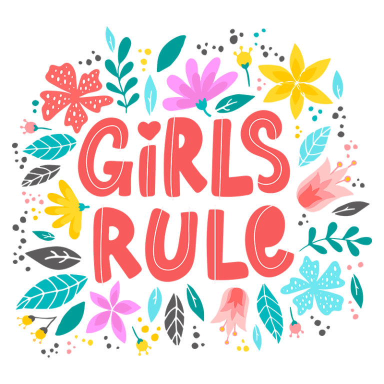Texto alternativo otimizado para SEO: Design colorido com a frase "Girls Rule" em destaque, cercado por flores e folhas, simbolizando empoderamento feminino e celebração da natureza.