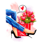 Imagem de uma mulher usando calças jeans e sapatos de salto alto pretos, com as pernas cruzadas, ao lado de uma sacola vermelha cheia de tulipas, simbolizando moda e estilo.
