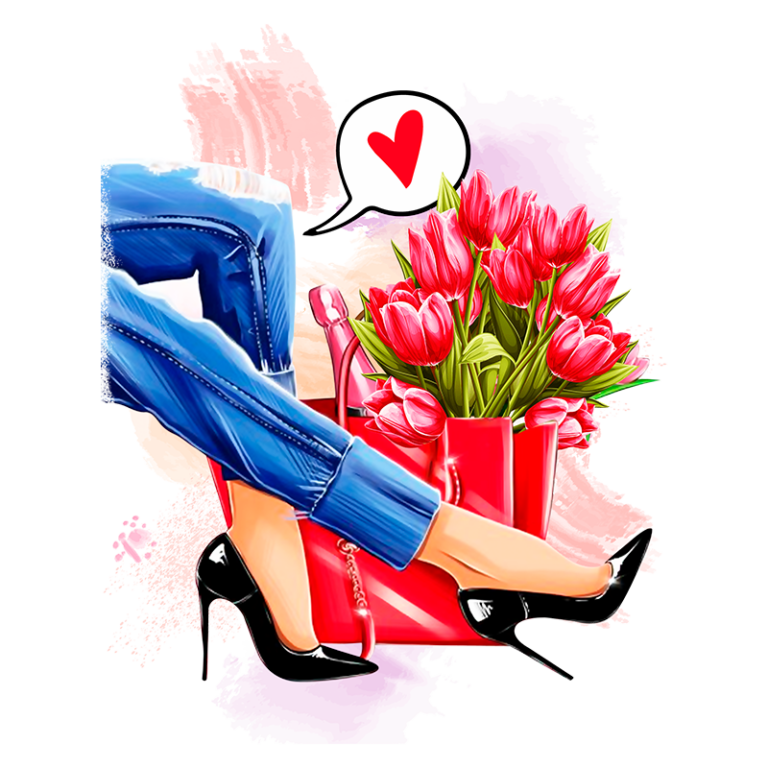Imagem de uma mulher usando calças jeans e sapatos de salto alto pretos, com as pernas cruzadas, ao lado de uma sacola vermelha cheia de tulipas, simbolizando moda e estilo.