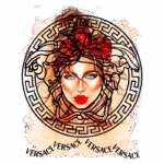 Ilustração artística de uma mulher com cabelo solto e laço vermelho, destacando os olhos claros e lábios vermelhos, emoldurada pelo logotipo da Versace e detalhes em aquarela. Ideal para conteúdo sobre moda e estilo.