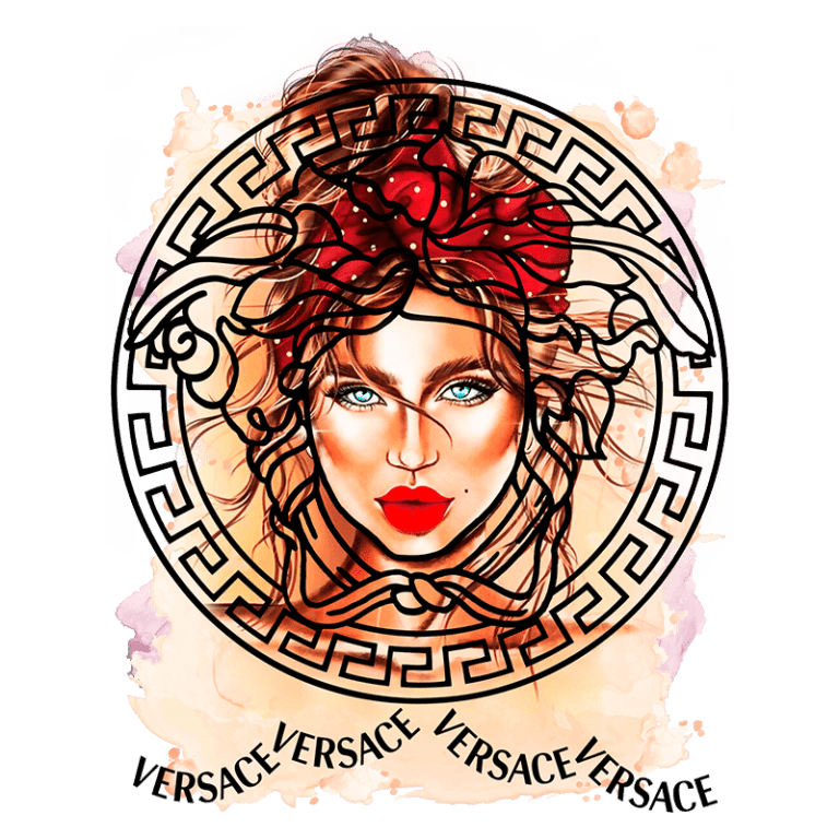 Ilustração artística de uma mulher com cabelo solto e laço vermelho, destacando os olhos claros e lábios vermelhos, emoldurada pelo logotipo da Versace e detalhes em aquarela. Ideal para conteúdo sobre moda e estilo.