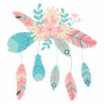 Ilustração de penas coloridas em tons de rosa e azul, decoradas com flores e folhagens, criando um design alegre e vibrante, ideal para temas de natureza e decoração.