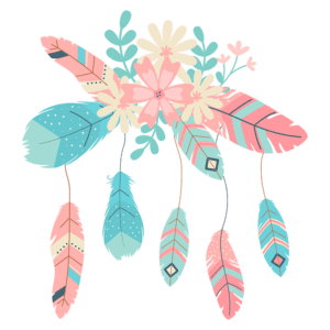 Ilustração de penas coloridas em tons de rosa e azul, decoradas com flores e folhagens, criando um design alegre e vibrante, ideal para temas de natureza e decoração.