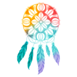Ilustração colorida de um sonho com penas, apresentando um design circular com elementos simbólicos em tons de amarelo, laranja e azul. Ideal para temas de espiritualidade e cultura indígena.