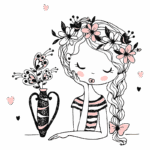 Ilustração de uma menina com cabelo trançado adornado com flores, usando uma blusa listrada. Ao lado, um vaso decorativo com flores. Fundo com corações em tons suaves. Ideal para temas de arte, natureza e feminilidade.