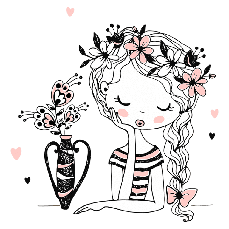 Ilustração de uma menina com cabelo trançado adornado com flores, usando uma blusa listrada. Ao lado, um vaso decorativo com flores. Fundo com corações em tons suaves. Ideal para temas de arte, natureza e feminilidade.