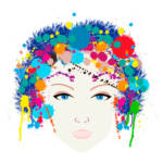 Ilustração de um rosto feminino com cabelo colorido, repleto de manchas de tinta vibrantes e variadas. O fundo apresenta cores brilhantes que destacam o tema artístico e criativo.