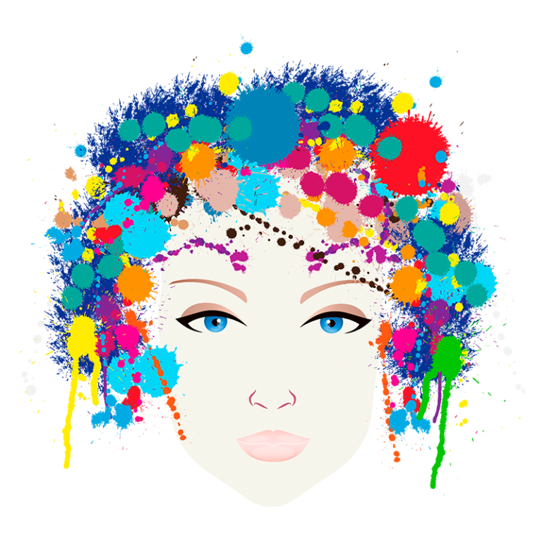 Ilustração de um rosto feminino com cabelo colorido, repleto de manchas de tinta vibrantes e variadas. O fundo apresenta cores brilhantes que destacam o tema artístico e criativo.