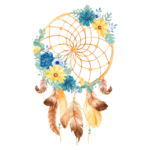 Dreamcatcher colorido com flores azuis e amarelas, adornado com penas em tons de marrom e dourado, representando proteção e boas energias. Ideal para decoração boho e espiritualidade.
