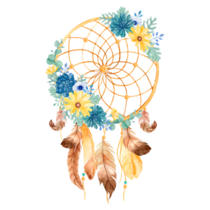 Dreamcatcher colorido com flores azuis e amarelas, adornado com penas em tons de marrom e dourado, representando proteção e boas energias. Ideal para decoração boho e espiritualidade.