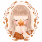 Ilustração de uma menina com cabelos longos e lisos, segurando uma folha de outono em frente ao rosto, cercada por um delicado quadro de folhas. A menina usa uma blusa clara e um vestido xadrez laranja, transmitindo uma atmosfera acolhedora e outonal.