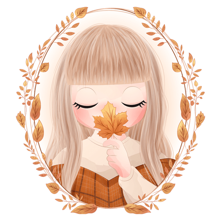 Ilustração de uma menina com cabelos longos e lisos, segurando uma folha de outono em frente ao rosto, cercada por um delicado quadro de folhas. A menina usa uma blusa clara e um vestido xadrez laranja, transmitindo uma atmosfera acolhedora e outonal.