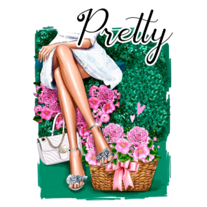Imagem estilizada de uma mulher sentada rodeada por flores em um cesto, usando um vestido branco e sandálias decoradas. A palavra "Pretty" destaca a estética elegante e feminina da composição.