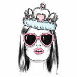 Ilustração de uma mulher com óculos de sol em formato de coração e uma tiara adornada, expressando um estilo fashion e ousado.