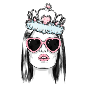 Ilustração de uma mulher com óculos de sol em formato de coração e uma tiara adornada, expressando um estilo fashion e ousado.