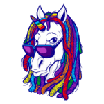 Unicórnio estilizado com cabelos coloridos em formato de dreadlocks, usando óculos escuros, em fundo verde. Ideal para temas de diversidade e inclusão.