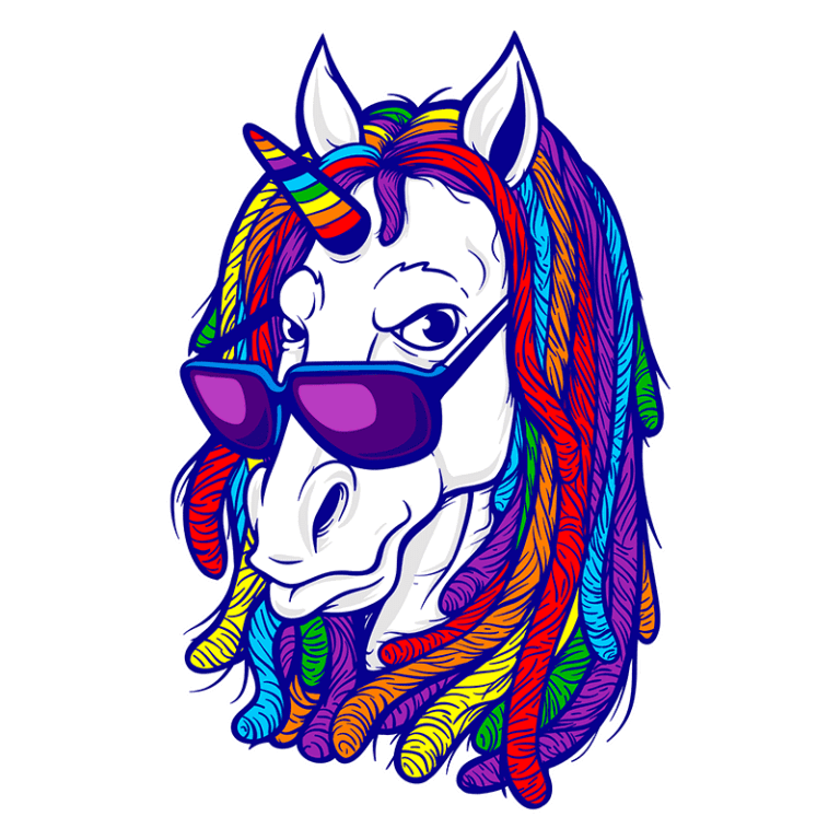 Unicórnio estilizado com cabelos coloridos em formato de dreadlocks, usando óculos escuros, em fundo verde. Ideal para temas de diversidade e inclusão.