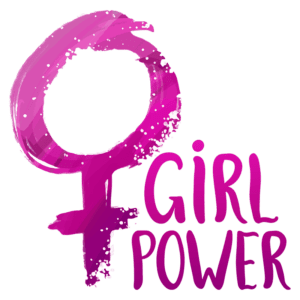 Imagem estilizada do símbolo feminino em tons de rosa com a frase "Girl Power", representando empoderamento e igualdade de gênero.