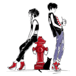 Ilustração de duas figuras estilizadas em um fundo verde, uma mulher com cabelo preso e óculos escuros, vestindo uma blusa cropped e calças pretas, e um homem com cabelo curto, usando uma camiseta listrada e calças rasgadas. Ambos estão encostados em um hidrante vermelho, enquanto um gato preto os observa.