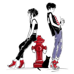 Ilustração de duas figuras estilizadas em um fundo verde, uma mulher com cabelo preso e óculos escuros, vestindo uma blusa cropped e calças pretas, e um homem com cabelo curto, usando uma camiseta listrada e calças rasgadas. Ambos estão encostados em um hidrante vermelho, enquanto um gato preto os observa.
