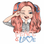 Ilustração de uma garota com cabelo rosa, usando uma camisa xadrez, fazendo um gesto de “paz” com a mão e sorrindo. O texto abaixo diz "PEACE & LOVE". Ideal para temas de positividade e amor.